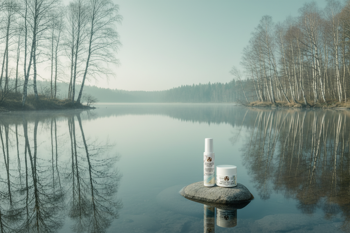 YAG Beauty ekologiska hudvårdsprodukter vid en klar nordisk sjö – ren natur och clean beauty