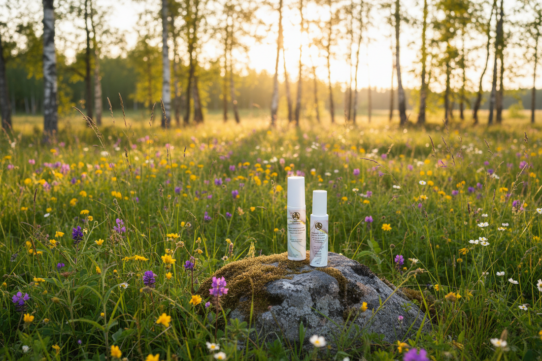 YAG Beauty ekologiska hudvårdsprodukter i nordisk naturmiljö med vildblommor och björkskog
